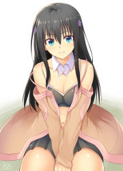 Rule 34 | 1girl, aqua eyes, artist logo, bare shoulders, between legs, black bra, black hair, black skirt, bra, breasts, brown dress, buttons, cleavage, closed mouth, collarbone, commentary request, detached collar, detached sleeves, dress, flower, from above, hair between eyes, hair flower, hair ornament, head tilt, highres, long hair, long sleeves, looking at viewer, mahcdai, medium breasts, navel, open clothes, open dress, original, pleated skirt, purple flower, shiny skin, sidelocks, simple background, sitting, skirt, smile, solo, straight hair, strap slip, underwear, v arms, white background, wing collar