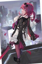 Rule 34 | 1boy, 1girl, black footwear, blade (honkai: star rail), closed mouth, coat, coat on shoulders, english text, eyewear on head, full body, gloves, highres, holding, holding sword, holding weapon, honkai: star rail, honkai (series), kafka (honkai: star rail), mumu vosp, open hand, outdoors, ponytail, purple eyes, purple gloves, purple hair, round eyewear, shirt, smile, standing, sword, wanted, weapon, white shirt, white sleeves