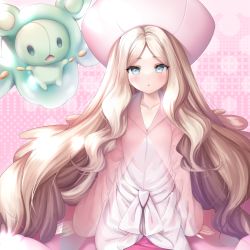 Rule 34 | 1girl, :o, bad id, bad pixiv id, blue eyes, blush, brown hair, caitlin (pokemon), collarbone, creatures (company), dress, game freak, gen 5 pokemon, hat, highres, long hair, long sleeves, looking at viewer, murano, nintendo, parted bangs, parted lips, pink background, pink headwear, pokemon, pokemon (creature), pokemon sm, reuniclus, see-through, sitting, sleeves past wrists, very long hair, white dress