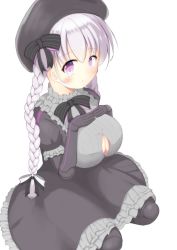 Rule 34 | age progression, aged up, black bow, black bowtie, black dress, black hat (villainous), blush, bow, bowtie, braid, breasts, cleavage, cleavage cutout, clothing cutout, dress, fate/grand order, fate (series), frilled dress, frills, furrowed brow, hair ornament, hands on own chest, hat, hat bow, highres, large breasts, long hair, looking at viewer, mechanical arms, mechanical legs, nursery rhyme (fate), oppai loli, purple eyes, seiza, silver hair, simple background, sitting, twin braids, white background