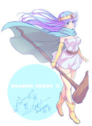 Rule 34 | 1girl, aqua cape, artist name, belt, black belt, blue hair, boots, breasts, cape, circlet, cleavage, closed mouth, commentary request, copyright name, dated, dragon quest, dragon quest iii, dress, elbow gloves, english text, full body, gloves, holding, holding staff, long hair, looking at viewer, lunamoon, medium breasts, red eyes, sage (dq3), short dress, signature, smile, solo, staff, standing, strapless, strapless dress, thighhighs, white background, white dress, wind, yellow footwear, yellow gloves, yellow headwear, yellow thighhighs