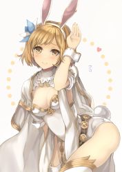 Rule 34 | 10s, 1girl, alternate costume, animal ears, blonde hair, blush, breasts, cape, circle, closed mouth, detached sleeves, djeeta (granblue fantasy), earrings, fake animal ears, flower, flying sweatdrops, granblue fantasy, hair flower, hair ornament, hairband, highres, jewelry, leaning forward, leotard, palms, rabbit ears, rabbit pose, rabbit tail, riffey, sage (granblue fantasy), short hair, smile, solo, strapless, strapless leotard, tail, thighhighs, turtleneck, white background, white thighhighs, wrist cuffs, yellow eyes