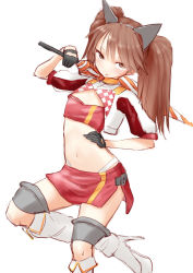 Rule 34 | 1girl, alternate costume, animal ears, bandeau, black gloves, boots, brown eyes, brown hair, cat ears, checkered clothes, cosplay, cowboy shot, crop top, cropped jacket, flat chest, gloves, gotland (kancolle), gotland (kancolle) (cosplay), half gloves, highleg, highleg panties, jacket, kantai collection, long hair, looking at viewer, midriff, miniskirt, one-hour drawing challenge, panties, race queen, red bandeau, red skirt, ryuujou (kancolle), simple background, skirt, solo, tetsukuzu (yajirushi shita), thigh boots, twintails, umbrella, underwear, white background, white jacket, white panties