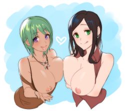 Rule 34 | 2girls, :p, ;q, asymmetrical docking, bad id, bad pixiv id, bare arms, bare shoulders, bead necklace, beads, breast press, breasts, breasts out, brown dress, brown hair, brown shirt, collarbone, collared shirt, dark-skinned female, dark skin, dress, earrings, green eyes, green hair, heart, jewelry, large breasts, long hair, looking at viewer, mob (pixiv19874083), multiple girls, naughty face, necklace, nipples, off shoulder, one eye closed, open clothes, open shirt, original, purple eyes, shirt, short hair, sleeveless, sleeveless shirt, smile, swept bangs, tongue, tongue out, tooth necklace, upper body