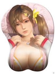 Rule 34 | 1girl, breast mousepad, breasts, brown eyes, brown hair, cleavage, dead or alive, highres, jewelry, large breasts, misaki (doa), mousepad, mousepad (object), necklace, shadow, shy, side ponytail, solo, swimsuit
