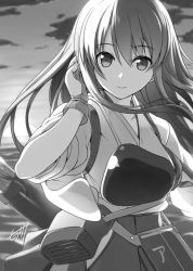 Rule 34 | 10s, 1girl, akagi (kancolle), close-up, closed mouth, cloud, cloudy sky, floating hair, gloves, greyscale, hair between eyes, hand in own hair, hiraga matsuri, hirasato, japanese clothes, kantai collection, long hair, looking at viewer, monochrome, muneate, ocean, outdoors, partially fingerless gloves, quiver, rigging, sky, smile, solo