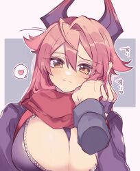 Rule 34 | 1girl, absurdres, blush, breasts, cleavage, goddess of victory: nikke, hand on another&#039;s cheek, hand on another&#039;s face, heart, highres, horns, jacket, leather, leather jacket, miko (uuua12u), red hair, red hood (nikke), red scarf, scarf, simple background, translation request, upper body, yellow eyes