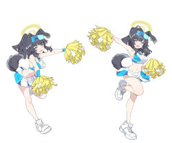 Rule 34 | 1girl, absurdres, animal ears, armpits, black hair, blue archive, blush, breasts, cheering, cheerleader, cleavage, deatheach, dog ears, dog girl, dog tail, duplicate, embarrassed, full body, half-closed eyes, halo, hibiki (blue archive), hibiki (cheer squad) (blue archive), highres, md5 mismatch, medium breasts, midriff, millennium cheerleader outfit (blue archive), navel, official alternate costume, open mouth, pixel-perfect duplicate, pom pom (cheerleading), simple background, skirt, solo, sticker on face, tail, visor cap, white background