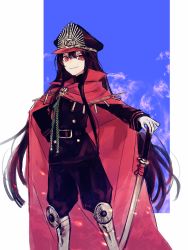 Rule 34 | 1girl, bad id, bad pixiv id, belt, black hair, black hat, black pants, black shirt, blue background, boots, cape, closed mouth, commentary request, fate/grand order, fate (series), feet out of frame, gloves, hand on own hip, hat, hat ornament, katagiri (mighty swing), katana, long hair, long sleeves, looking at viewer, oda nobunaga (fate), oda nobunaga (koha-ace), oda uri, pants, red cape, red eyes, shirt, smile, solo, sword, v-shaped eyebrows, weapon, white gloves