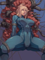 Rule 34 | 1girl, abs, blonde hair, blue bodysuit, blue eyes, bodysuit, brain, breasts, cable, clenched teeth, covered navel, hair between eyes, high ponytail, impossible bodysuit, impossible clothes, large breasts, lips, looking away, looking down, mechanical parts, metroid, muscular, muscular female, nintendo, ponytail, restrained, samus aran, shiny clothes, short hair, sidelocks, skin tight, spread legs, stationary restraints, teeth, turtleneck, xxoom, zero suit
