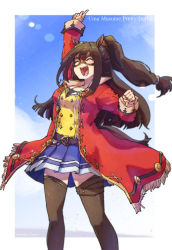 Rule 34 | 1girl, animal ears, arm up, blue skirt, brown hair, clenched hand, closed eyes, domino mask, el condor pasa (umamusume), highres, horse ears, horse girl, horse tail, jacket, long hair, long sleeves, mask, open mouth, pleated skirt, pointing, pointing up, red jacket, skirt, solo, tail, tennnensui, thighhighs, umamusume, very long hair, vest, yellow vest