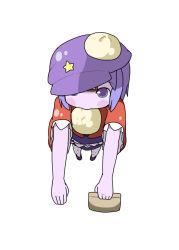 Rule 34 | 1girl, bag, baozi, beret, blue eyes, blue hair, blush stickers, child, exercising, female focus, food, food in mouth, food on head, from above, hat, jiangshi, matching hair/eyes, miyako yoshika, mouth hold, nakashino setsu, object on head, ofuda, outstretched arms, pale skin, push-ups, shirt, short hair, simple background, skirt, solo, star (symbol), thighhighs, touhou, white background, white thighhighs, zettai ryouiki, zombie, zombie pose
