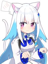 Rule 34 | 1girl, angry, animal ear fluff, animal ears, blue hair, cat ears, cat girl, cat tail, closed mouth, embarrassed, hair ornament, hairclip, jacket, lize helesta, looking at viewer, multicolored hair, nijisanji, paw pose, purple eyes, rabiiandrain, simple background, solo, spoken blush, tail, upper body, virtual youtuber, white background, white hair, white jacket