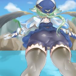 Rule 34 | 1girl, absurdres, animal ears, artist request, ass, bike shorts, cameltoe, flying, from behind, from below, genshin impact, gloves, green hair, hat, highres, long hair, low ponytail, shiny clothes, skirt, solo, sucrose (genshin impact), thighhighs, upskirt, very long hair, wings