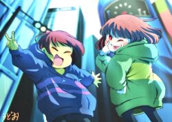 Rule 34 | black pants, blue sweater, blush, brown hair, chara (undertale), city, closed eyes, deltarune, frisk (undertale), green sweater, highres, open mouth, pants, poster (object), red pupils, sky, striped clothes, striped sweater, sweater, tongue, tongue out, traffic light, udoudoudonudon, undertale