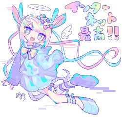 Rule 34 | + +, 1girl, :d, blonde hair, blue bow, blue eyes, blue footwear, blue hair, blue nails, blue serafuku, blue shirt, blue skirt, blush stickers, bow, chouzetsusaikawa tenshi-chan, drawn halo, drawn wings, full body, glitch, hair bow, hair ornament, halo, heart, heart hair ornament, highres, long hair, long sleeves, looking at viewer, multicolored hair, multicolored nails, multiple hair bows, nail polish, needy girl overdose, open mouth, pink bow, pink hair, pink nails, platform footwear, purple bow, quad tails, sailor collar, school uniform, serafuku, shirt, shoes, skirt, sleeves past fingers, sleeves past wrists, smile, solo, sushiuma m, very long hair, white background, yellow bow, yellow nails