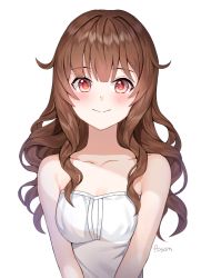 Rule 34 | 1girl, artist name, bare shoulders, blunt bangs, blush, breasts, brown hair, closed mouth, collarbone, long hair, original, posom, red eyes, sidelocks, simple background, small breasts, smile, solo, strapless, upper body, wavy hair, white background
