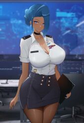 Rule 34 | 1girl, absurdres, blue eyes, blue hair, breasts, cleavage, commission, computer, dark-skinned female, dark skin, highres, holding, holding tablet pc, large breasts, marsha thompson, military, military uniform, office, pantyhose, pencil skirt, pixiv commission, shirt, skirt, solo, tablet pc, tatakau ataisuru, ultra-13, uniform, variant set, white shirt