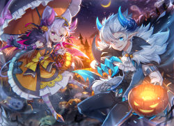 Rule 34 | 1boy, 1girl, blue eyes, bow, brother and sister, capura lin, chain, choker, claws, crescent moon, dress, elbow gloves, facial mark, fang, fangs, fur trim, gloves, grand chase, graveyard, hair bow, halloween, halloween bucket, hanout, headband, highres, horns, jack-o&#039;-lantern, looking at viewer, moon, night, official art, open mouth, pantyhose, pointy ears, purple eyes, purple hair, rasel, short hair, siblings, silver hair, sky, slit pupils, star (sky), starry sky, striped clothes, striped pantyhose, tattoo, wings