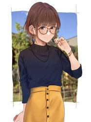 Rule 34 | 1girl, arm behind back, blue shirt, blue sky, blurry, blurry background, blush, bracelet, brown eyes, brown hair, closed mouth, earrings, glasses, hand up, highres, jewelry, long sleeves, looking at viewer, mole, mole under eye, nail polish, necklace, original, outdoors, pencil skirt, saitou (lynx-shrike), shirt, short hair, skirt, sky, smile, solo, standing, turtleneck, yellow-framed eyewear, yellow skirt