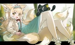 Rule 34 | 1girl, :d, alternate costume, alternate hairstyle, animal ears, ankle cuffs, arknights, black cat, blonde hair, blue dress, blue hairband, blush, cat, dress, feet up, fox ears, fox girl, fox tail, frilled dress, frilled hairband, frills, green eyes, hair down, hairband, highres, kitsune, letterboxed, long hair, looking at viewer, luo xiaohei zhanji, lying, mosou keito, multicolored hair, multiple tails, neck ribbon, on back, open mouth, outside border, pantyhose, red ribbon, ribbon, smile, streaked hair, suzuran (arknights), suzuran (spring praise) (arknights), tail, teeth, two side up, upper teeth only, white hair, white pantyhose
