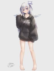 Rule 34 | 1girl, absurdres, amane kanata, angel, angel wings, arm at side, bare legs, barefoot, black bow, black hoodie, black ribbon, blue eyes, blue halo, blush, bottomless, bow, clothes writing, colored inner hair, commentary request, dot nose, drawstring, full body, gradient eyes, hair bow, hair ornament, hair ribbon, hairclip, halo, hand up, head tilt, highres, hololive, hood, hoodie, legs apart, long hoodie, multicolored eyes, multicolored hair, oversized clothes, pale skin, parted lips, pigeon-toed, pink eyes, pink hair, ribbon, sidelocks, signature, silver hair, simple background, single hair intake, sleeves past fingers, sleeves past wrists, solo, standing, star (symbol), streaked hair, toenails, triangle mouth, two side up, virtual youtuber, white background, white wings, wings, yukikawa sara