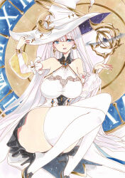 Rule 34 | 1girl, azur lane, bare shoulders, black footwear, blue eyes, blue gemstone, breasts, crescent, crescent hat ornament, detached sleeves, floating, floating object, full body, gem, guichen (azur lane), hat, hat ornament, high heels, highres, large breasts, long hair, see-through, see-through sleeves, shoes, solo, thighhighs, uzuharu (uduharu), very long hair, white hair, white theme, white thighhighs, witch hat