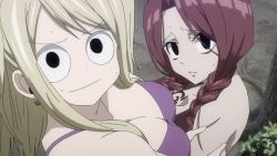 Rule 34 | 2girls, black eyes, blonde hair, braid, breast focus, breast tattoo, breasts, chest tattoo, cleavage, closed mouth, cross scar, dress, earrings, fairy tail, female focus, flare corona, forest, grabbing, grabbing from behind, jewelry, large breasts, long hair, lucy heartfilia, matching hair/eyes, multiple girls, nature, red dress, red eyes, red hair, scar, screencap, source request, sweat, tattoo, twin braids, upper body
