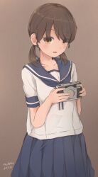 Rule 34 | 1girl, absurdres, blue neckerchief, blue sailor collar, blue skirt, brown background, brown eyes, brown hair, camera, commentary request, cowboy shot, dated, highres, kantai collection, looking at viewer, low twintails, medium hair, munehiro (21plus), neckerchief, pleated skirt, sailor collar, school uniform, serafuku, shirayuki (kancolle), shirt, simple background, skirt, solo, twintails, white shirt