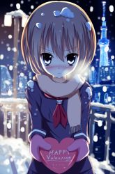 Rule 34 | &gt;:&lt;, 10s, 1girl, :&lt;, bad id, bad pixiv id, blanc (neptunia), blue eyes, blush, brown hair, building, chocolate, closed mouth, gift, happy valentine, haru (toarutakii), heart, highres, incoming gift, lamppost, long sleeves, looking at viewer, md5 mismatch, mittens, musical note, neckerchief, neptune (series), night, nose blush, outdoors, railing, scarf, school uniform, short hair, siokazunoko, snow, snowing, solo, tower, v-shaped eyebrows, valentine