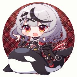 Rule 34 | 1girl, :d, animal, bare shoulders, black jacket, blush, braid, camisole, chibi, commentary request, hair ornament, hairclip, highres, hololive, jacket, long sleeves, looking at viewer, multicolored hair, off shoulder, open clothes, open jacket, open mouth, orca, outstretched arm, plaid, plaid background, pointing, red background, red eyes, rensei, sakamata chloe, sleeves past wrists, smile, solo, star (symbol), starry background, streaked hair, virtual youtuber, white camisole, x hair ornament