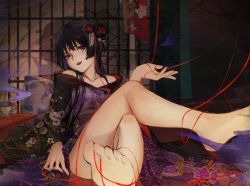 Rule 34 | 1boy, bare shoulders, barefoot, black kimono, closed mouth, collarbone, commentary, eyeshadow, feet, floral print, flower, genshin impact, hair bun, hair flower, hair ornament, head tilt, highres, incense, incense burner, indoors, japanese clothes, kanzashi, kimono, long hair, long sleeves, looking at viewer, makeup, male focus, muhanyin1, multicolored clothes, off shoulder, parted bangs, pillow, print kimono, purple eyes, purple kimono, red eyeshadow, scaramouche (genshin impact), shouji, sidelocks, single side bun, sitting, sliding doors, smile, solo, string, string of fate, table, toes, tongue, tongue out, wide sleeves