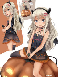 Rule 34 | &gt; &lt;, +++, 1girl, :d, > <, akino shuu, bare arms, bare shoulders, black camisole, black choker, black footwear, black hairband, black headwear, black skirt, black thighhighs, blue eyes, blush, bow, camisole, candy, choker, closed eyes, clothes writing, commentary request, criss-cross halter, demon horns, demon tail, fake horns, food, food in mouth, frilled skirt, frills, ghost, grecale (kancolle), grey hair, hair bow, hairband, halterneck, hat, horns, jack-o&#039;-lantern, kantai collection, lollipop, long hair, looking at viewer, multiple views, nervous smile, open mouth, outstretched arm, pointy ears, profile, red bow, shoes, single thighhigh, sitting, skirt, smile, sweat, tail, tail raised, thighhighs, translation request, twitter username, very long hair, witch hat, xd