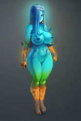Rule 34 | 1girl, blue hair, blue nipples, blue skin, breasts, character request, cleavage, colored nipples, colored skin, commission, copyright request, curvy, full body, green hair, green skin, grey background, highres, huge breasts, multicolored hair, multicolored skin, navel, neon trim, nipples, nude, orange eyes, orange hair, orange skin, pussy, smile, solo, standing, stomach, thick thighs, thighs, toes, toned, tumtumisu, uncensored