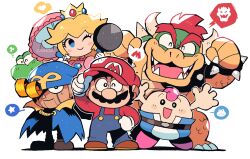 Rule 34 | 1boy, 1girl, :d, absurdres, adjusting clothes, adjusting headwear, blonde hair, blue cape, blue overalls, bowser, bracelet, cape, chibi, commentary, crown, facial hair, fangs, frying pan, full body, geno (mario), gloves, hat, highres, holding, holding frying pan, holding umbrella, horns, jewelry, long sleeves, looking at viewer, mallow (mario), mario, mario (series), mustache, nintendo, one eye closed, open mouth, overalls, princess peach, rariatto (ganguri), red hair, simple background, smile, spiked bracelet, spikes, spoken symbol, standing, super mario rpg, symbol-only commentary, umbrella, white background, white gloves, yoshi