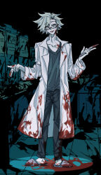 Rule 34 | 1boy, black pants, black sweater, blood, blood on clothes, blood on feet, blood on hands, blue eyes, chaka (balitieta), commentary request, constricted pupils, glasses, grey footwear, grey hair, highres, indoors, kanou aogu, lab coat, long sleeves, looking at viewer, male focus, open clothes, open mouth, pale skin, pants, rectangular eyewear, saibou shinkyoku, semi-rimless eyewear, slippers, smile, solo, sweater