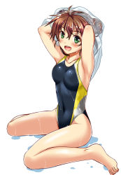 Rule 34 | 1girl, armpits, arms up, blush, breasts, brown hair, bun cover, competition swimsuit, digdug006, double bun, full body, jacket, kanamori reiko, long hair, looking at viewer, medium breasts, one-piece swimsuit, open mouth, sitting, solo, swimsuit, undressing, wariza, wet, wet clothes, wet swimsuit, white background, wrestle angels, wrestle angels survivor