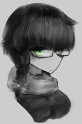 Rule 34 | absurdres, braid, closed mouth, glasses, green eyes, greyscale, highres, long hair, looking at viewer, monochrome, muted color, original, painting (action), pale color, portrait, rib.ajikan, self-upload, simple background, sketch, solo, upper body