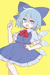 Rule 34 | 1girl, 76gpo, :d, blue bow, blue eyes, blue hair, blue skirt, blue vest, bow, cirno, hair bow, highres, ice, ice wings, looking at viewer, open mouth, pointy ears, shirt, short hair, simple background, skirt, smile, solo, touhou, v, vest, white shirt, wings, yellow background