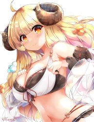 Rule 34 | 1girl, ahoge, anila (granblue fantasy), anila (summer) (granblue fantasy), bare shoulders, bikini, black bikini, black sleeves, blonde hair, blue flower, blush, breasts, brown flower, closed mouth, commentary request, curled horns, detached sleeves, draph, flower, fuuna, granblue fantasy, hair flower, hair ornament, hands up, highres, horns, large breasts, layered bikini, long hair, navel, red eyes, red ribbon, ribbon, ribbon-trimmed bikini, ribbon-trimmed sleeves, ribbon trim, see-through, sheep horns, short eyebrows, simple background, smile, solo, swimsuit, thick eyebrows, very long hair, white background, white bikini