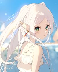 Rule 34 | 1girl, alternate costume, blurry, blurry background, commentary request, earrings, elf, frieren, green eyes, highres, inuyama nanami, jewelry, long hair, looking at viewer, ocean, pointy ears, portrait, shirt, sky, solo, sousou no frieren, thick eyebrows, white hair, white shirt