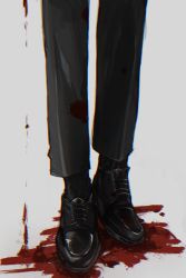 Rule 34 | 1boy, absurdres, black footwear, black legwear, black pants, bleeding, blood, blood splatter, chinese commentary, chromatic aberration, commentary request, cstj77, grey background, highres, klein moretti, lord of the mysteries, out of frame, pants, simple background, solo
