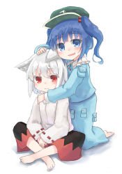 Rule 34 | 2girls, animal ears, barefoot, black skirt, blue eyes, blue hair, blue shirt, blue skirt, collared shirt, commentary request, frilled shirt collar, frills, green headwear, highres, indian style, inubashiri momiji, kappa, kawashiro nitori, kibisake, long sleeves, medium hair, multicolored clothes, multicolored skirt, multiple girls, pocket, pom pom (clothes), red skirt, ribbon-trimmed sleeves, ribbon trim, shirt, short twintails, sidelocks, sitting, skirt, skirt set, sleeves past wrists, touhou, twintails, two side up, vest, white vest, wide sleeves, wolf ears, wolf girl