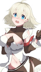 Rule 34 | 1girl, absurdres, azur lane, bare shoulders, blonde hair, blue eyes, blush, breasts, brown gloves, brown shirt, brown skirt, cleavage, commentary request, corset, covering privates, covering breasts, detached sleeves, embarrassed, flustered, frilled shirt, frilled skirt, frilled sleeves, frills, gloves, groin, hair between eyes, hands up, highres, holding, holding clothes, looking at viewer, medium breasts, midriff, miniskirt, navel, oklahoma (azur lane), open clothes, rakuza (ziware30), shirt, side-tie skirt, skirt, solo, teeth, torn clothes, upper teeth only, white corset