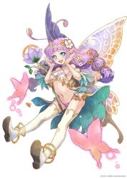 Rule 34 | 1girl, anklet, antennae, aqua eyes, artist request, breasts, bug, butterfly, butterfly wings, cleavage, fiana, flower, full body, hair flower, hair ornament, halterneck, insect, insect wings, jewelry, long hair, low-tied long hair, navel, open mouth, purple hair, simple background, solo, symbol-shaped pupils, thighhighs, twintails, underboob, wakusaga, white background, white thighhighs, wings