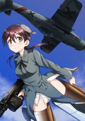 Rule 34 | 1girl, a9b (louis814), absurdres, aircraft, airplane, animal ears, black ribbon, blue sky, brown eyes, brown hair, closed mouth, cloud, cloudy sky, commentary request, day, drum magazine, flying, fw 190, gertrud barkhorn, grey jacket, gun, hair ribbon, highres, holding, holding gun, holding weapon, jacket, long sleeves, looking at viewer, low twintails, machine gun, magazine (weapon), medium hair, mg42, military, military uniform, neck ribbon, no pants, outdoors, panties, ribbon, sky, smile, solo, strike witches, striker unit, twintails, underwear, uniform, vehicle request, weapon, white panties, world witches series