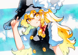 Rule 34 | 1girl, :q, bad id, bad twitter id, black hat, black vest, blonde hair, bow, braid, buttons, closed mouth, commentary request, frilled hat, frills, hair bow, hand on headwear, hat, hat ribbon, highres, kirisame marisa, long hair, looking at viewer, puffy short sleeves, puffy sleeves, qqqrinkappp, red bow, ribbon, shirt, short sleeves, single braid, smile, solo, tongue, tongue out, touhou, traditional media, upper body, vest, white ribbon, white shirt, witch hat, yellow eyes