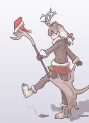 10s animal_ears antlers boots deer_ears deer_tail fur_trim gloves hair_ribbon hat horns kemono_friends kicking long_hair multicolored_clothes multicolored_hair multicolored_skirt reindeer_(kemono_friends) reindeer_antlers ribbon rumenia_(ao2is) santa_hat skirt solo tail unworn_hat unworn_headwear weapon