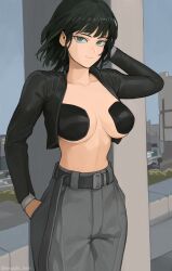 absurdres arm_behind_head arm_up artist_name belt black_hair black_jacket black_pants breasts breasts_apart closed_mouth collarbone cowboy_shot cropped_jacket fubuki_(one-punch_man) green_eyes hand_in_pocket highres jacket large_breasts long_sleeves mogglebear one-punch_man open_clothes open_jacket pants pasties short_hair smile twitter_username