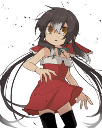 Rule 34 | 1girl, black hair, black thighhighs, bow, breasts, commentary request, cookie (touhou), dress, expressionless, feet out of frame, grey hair, hair between eyes, hair bow, hakurei reimu, long hair, medium bangs, multicolored hair, nahori (hotbeans), open mouth, red bow, red dress, ringed eyes, sidelocks, sleeveless, sleeveless dress, small breasts, solo, thighhighs, touhou, two-tone hair, very long hair, white background, yellow eyes, yuyusu (cookie), zettai ryouiki